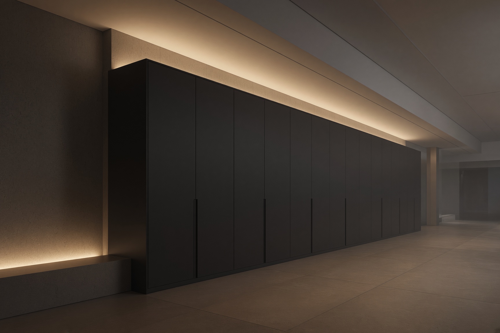 An equipment hall of matte cabinets receding into warm light, with a stone floor.