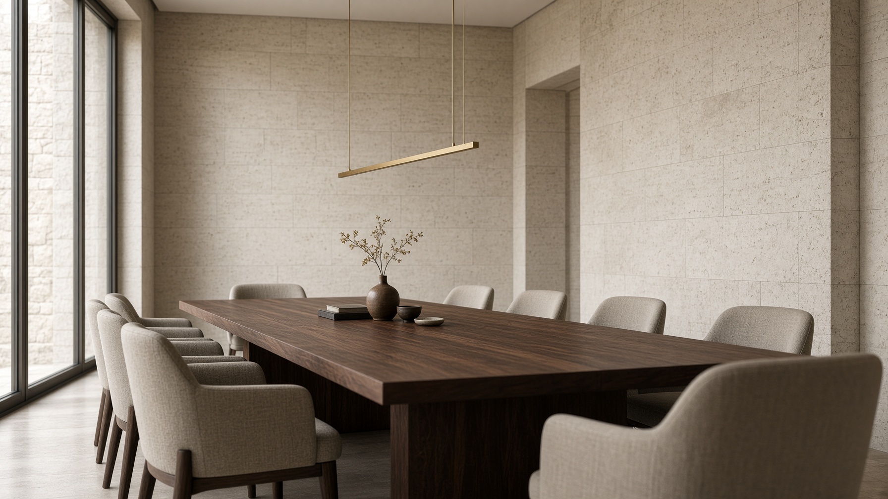 A modern advisory room with a long table, dark chairs, and warm light through tall windows.